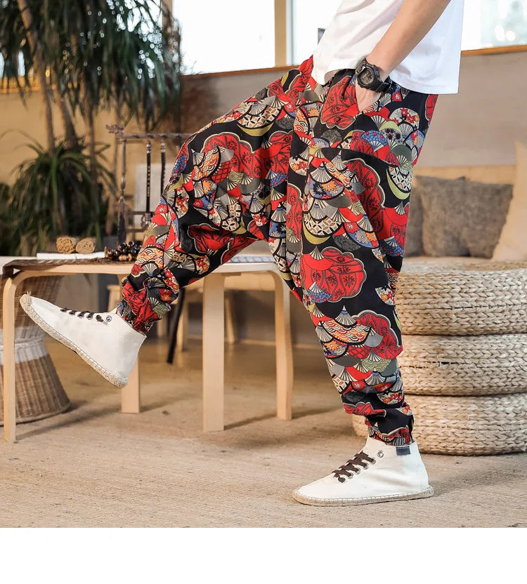 Men Harem Pants Print Retro Drop Crotch Joggers Trousers Men Baggy Loose Nepal Style Men Casual Pants M-5Xl