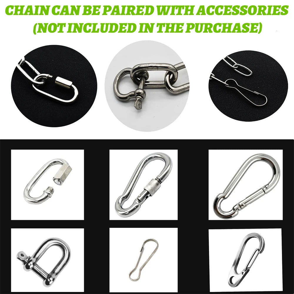 A collage showing multiple silver metal carabiner and chain hardware pieces on black and white backgrounds, with green text at the top stating 'CHAIN CAN BE PAIRED WITH ACCESSORIES (NOT INCLUDED IN THE PURCHASE)'.