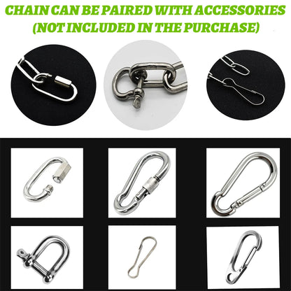 A collage showing multiple silver metal carabiner and chain hardware pieces on black and white backgrounds, with green text at the top stating 'CHAIN CAN BE PAIRED WITH ACCESSORIES (NOT INCLUDED IN THE PURCHASE)'.