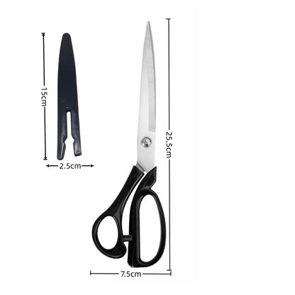 Black-handled scissors with silver metal blades, shown on a white background with dimension lines and labels indicating 15 cm length, 2.5 cm blade width, 7.