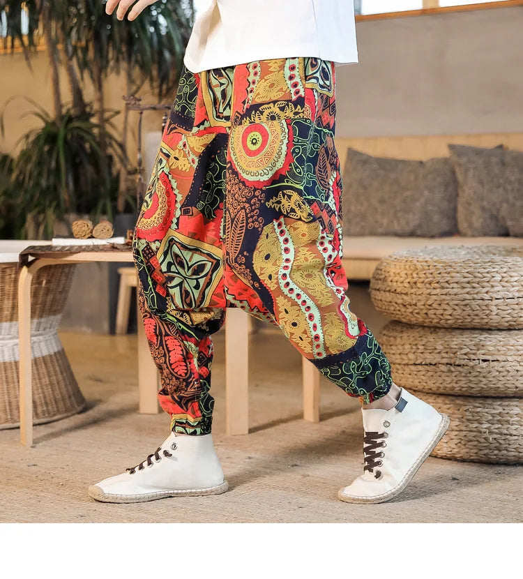 Men Harem Pants Print Retro Drop Crotch Joggers Trousers Men Baggy Loose Nepal Style Men Casual Pants M-5Xl