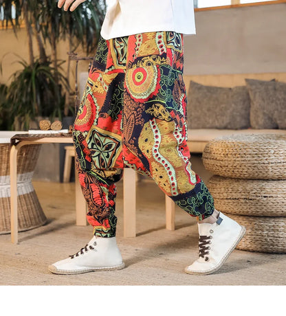 Men Harem Pants Print Retro Drop Crotch Joggers Trousers Men Baggy Loose Nepal Style Men Casual Pants M-5Xl