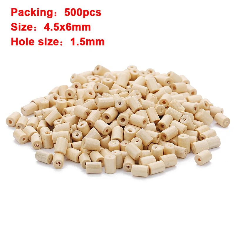 Beige wooden beads with specifications on a white background