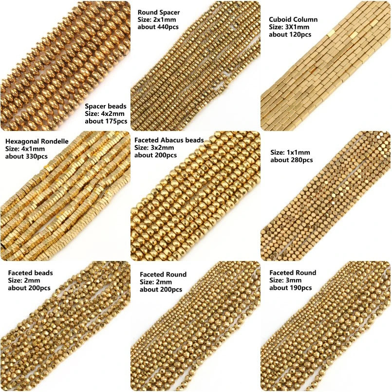 Various types of gold beads with their sizes and quantities on a white background