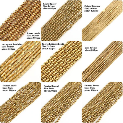 Various types of gold beads with their sizes and quantities on a white background