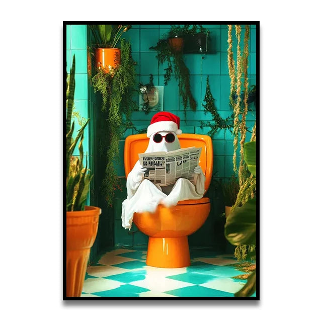 Bathroom Cat Reading on Toilet Canvas Wall Art Print Poster Funny Animal Decor Painting Home Room Decor Gift Unframed