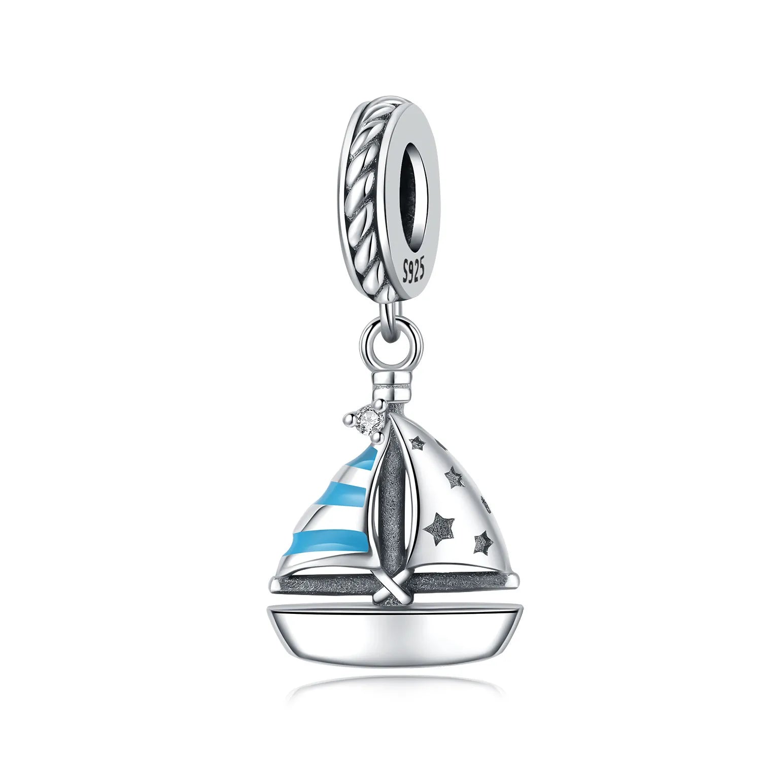 Silver sailboat charm with blue accents on a white background