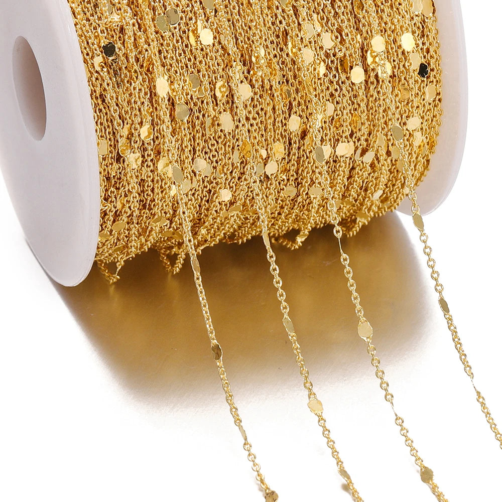 Gold chain on a spool with a white background
