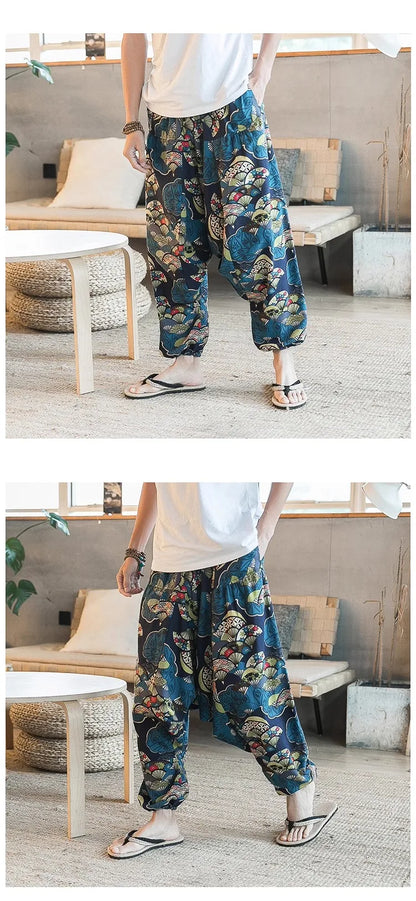 Men's Stylish Vintage Harem Pants Drop Crotch Design Casual Trousers Breathable Loose Fit Boho Pants Random Print Joggers