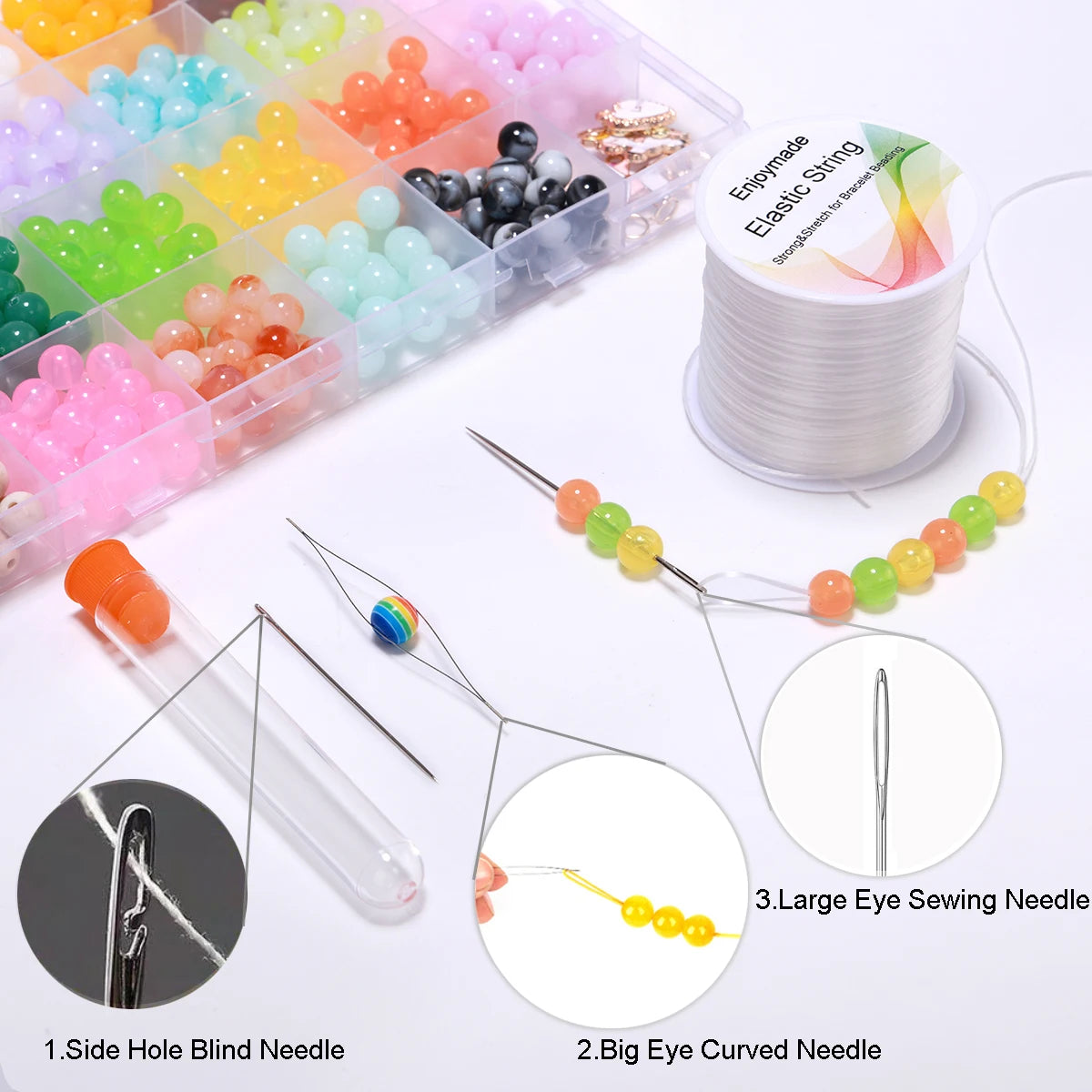 Assorted sewing needles and colorful beads with close-up details on a white background.