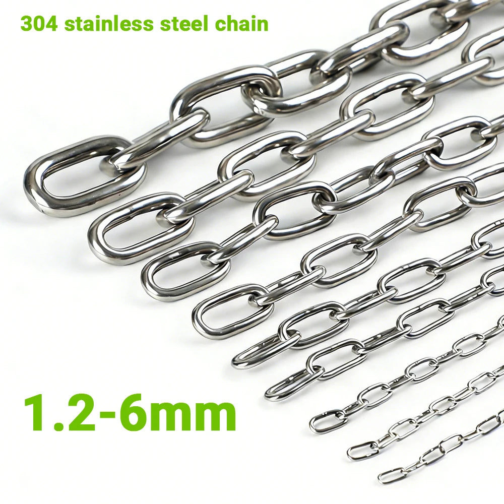 Three different lengths of 304 stainless steel chain links shown in silver, with green text overlays reading '304 stainless steel chain' and '1.2-6mm' on a white background.