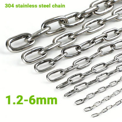 Three different lengths of 304 stainless steel chain links shown in silver, with green text overlays reading '304 stainless steel chain' and '1.2-6mm' on a white background.