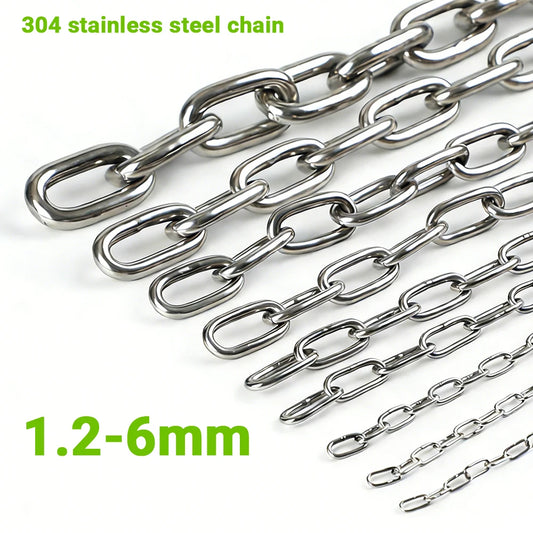Three different lengths of 304 stainless steel chain links shown in silver, with green text overlays reading '304 stainless steel chain' and '1.2-6mm' on a white background.