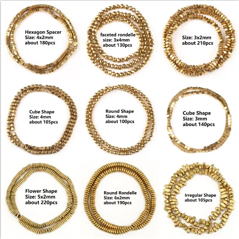 A product information chart showing nine different ring shapes with their sizes and approximate piece counts. The rings are arranged in a 3x3 grid on a white background, each labeled with text such as 'Hexagon Spacer,' 'faceted rondelle,' 'Size: 3x2mm about 210pcs,' 'Cube Shape Size: 4mm about 105pcs,' 'Flower Shape Size: 5x2mm about 220pcs,' 'Round Rondelle Size: 6x2mm about 190pcs,' and 'Irrregular Shape about 100pcs.