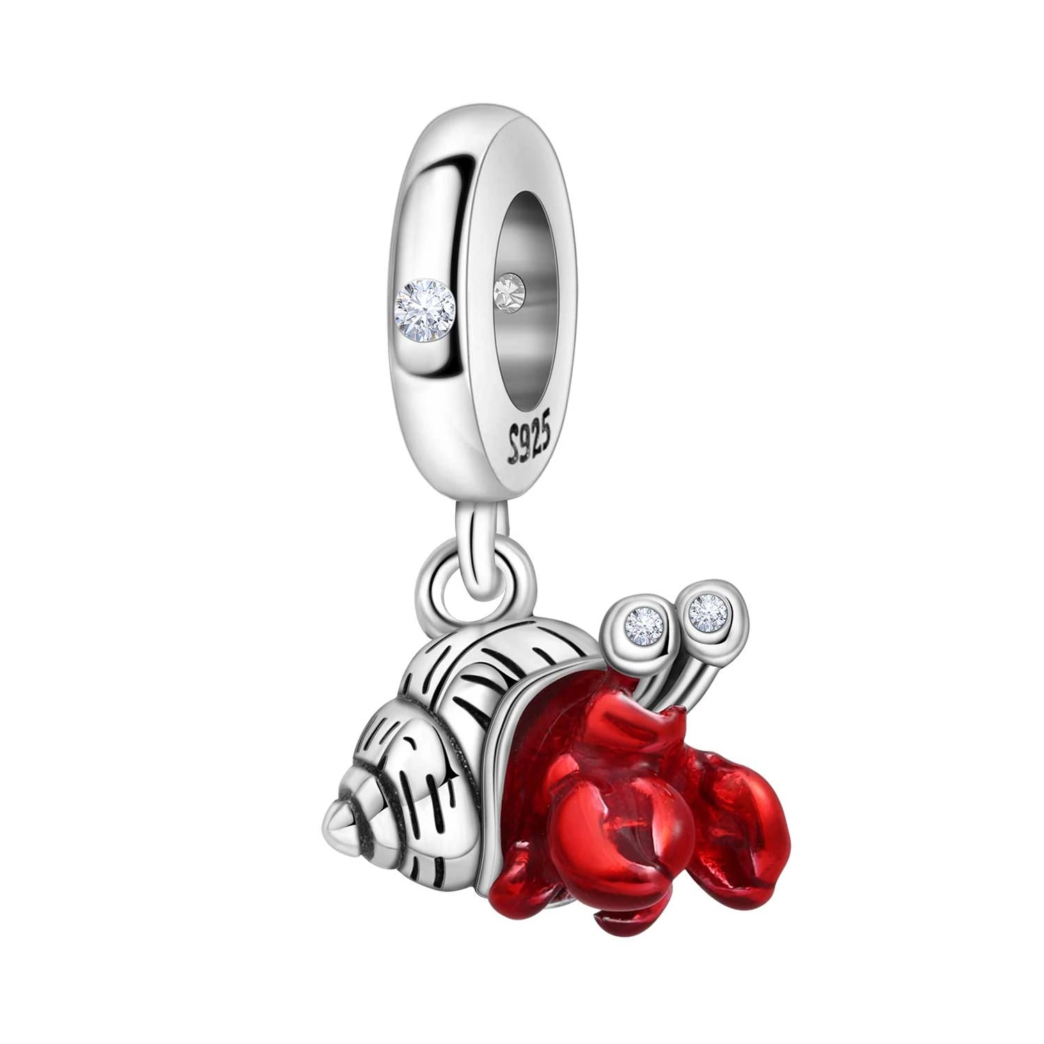 Silver charm with red snail gem and clear stones on a white background