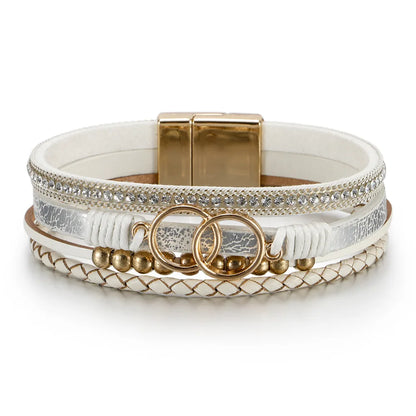 Women's Multilayer Leather Bracelet | Boho Woven Wrap Bracelet | Gold Tone Magnetic Clasp