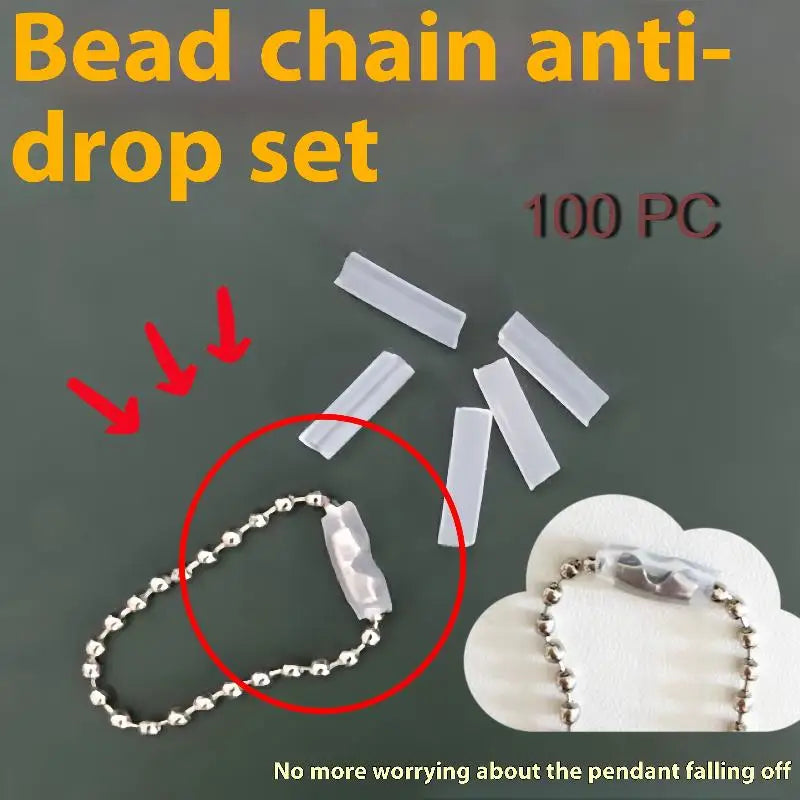 Bead chain anti-drop set with multiple translucent protective sleeve pieces and a silver bead chain shown on a dark background, with text indicating 100 pieces and a pendant protection demonstration.