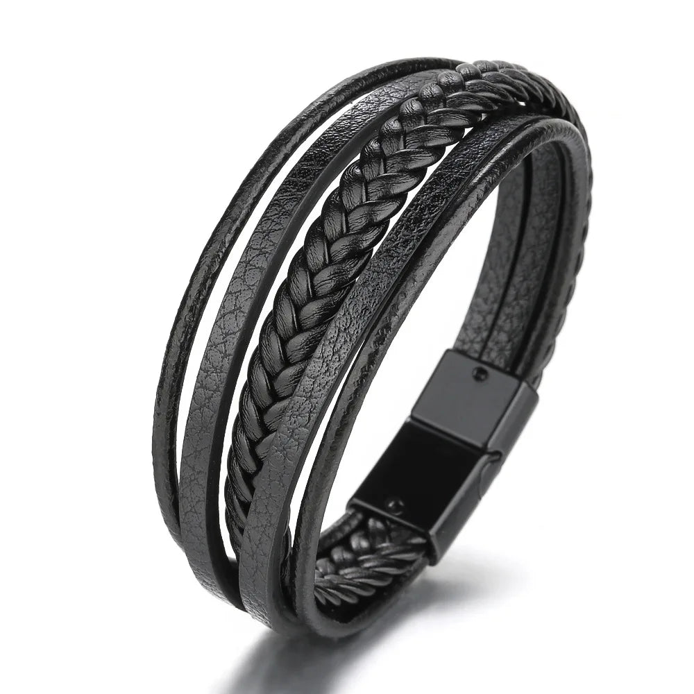 Black braided leather bracelet with a magnetic clasp on a white background