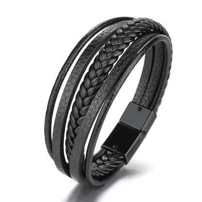 Black braided leather bracelet with a magnetic clasp on a white background