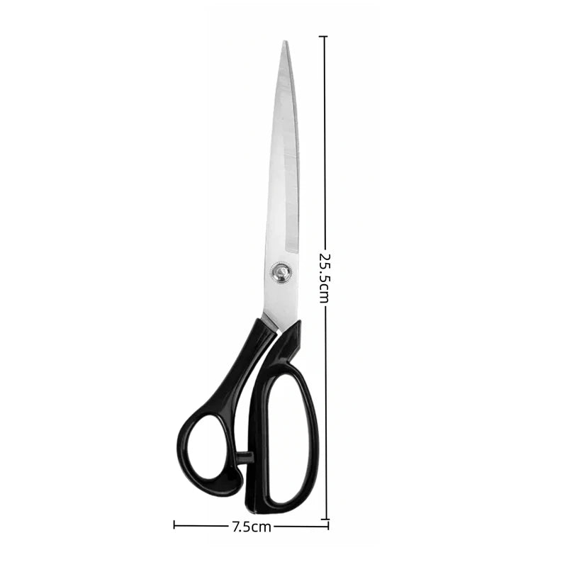 Black-handled scissors with silver metal blades, shown on a white background with dimension lines indicating 25.5 cm length and 7.