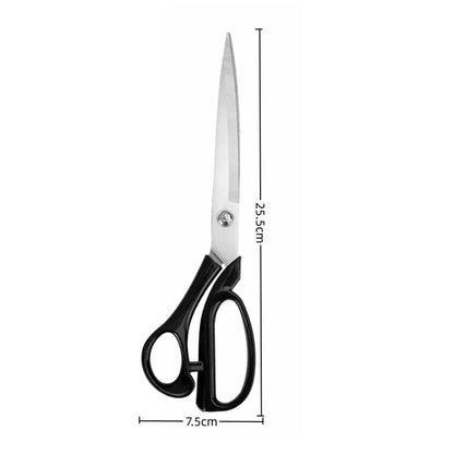 Black-handled scissors with silver metal blades, shown on a white background with dimension lines indicating 25.5 cm length and 7.