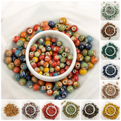 A collage showing many small round craft beads in assorted colors, with a central white bowl filled with multicolored beads and smaller inset bowls along the right and bottom edges showing additional color options.