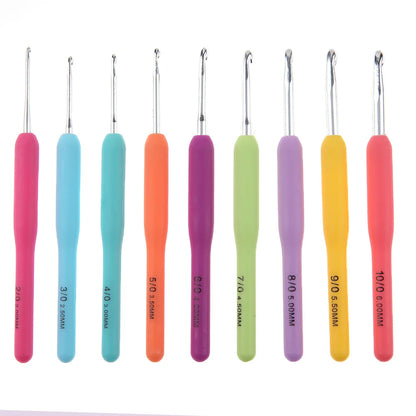Set of colorful crochet hooks with measurement markings on a white background