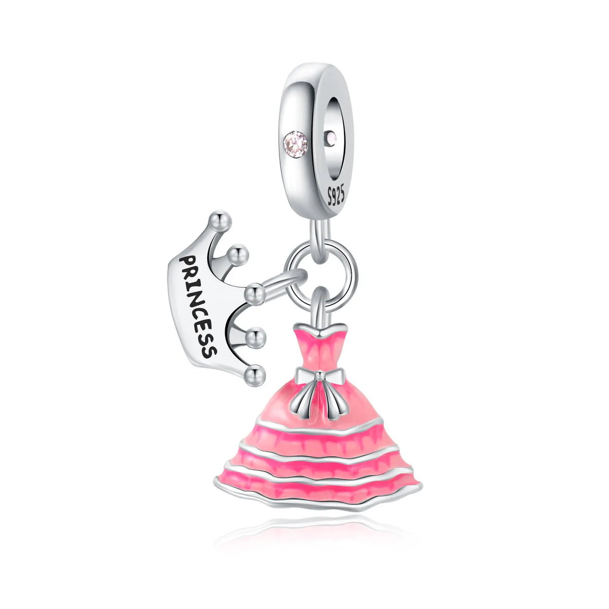 Silver charm with pink dress and 'PRINCESS' text on a white background
