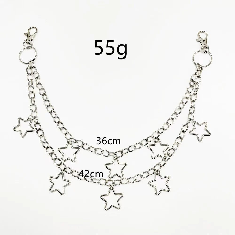 Silver chain with star pendants and measurement details on a white background