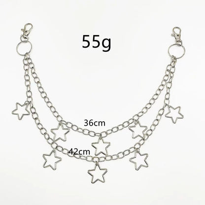 Silver chain with star pendants and measurement details on a white background