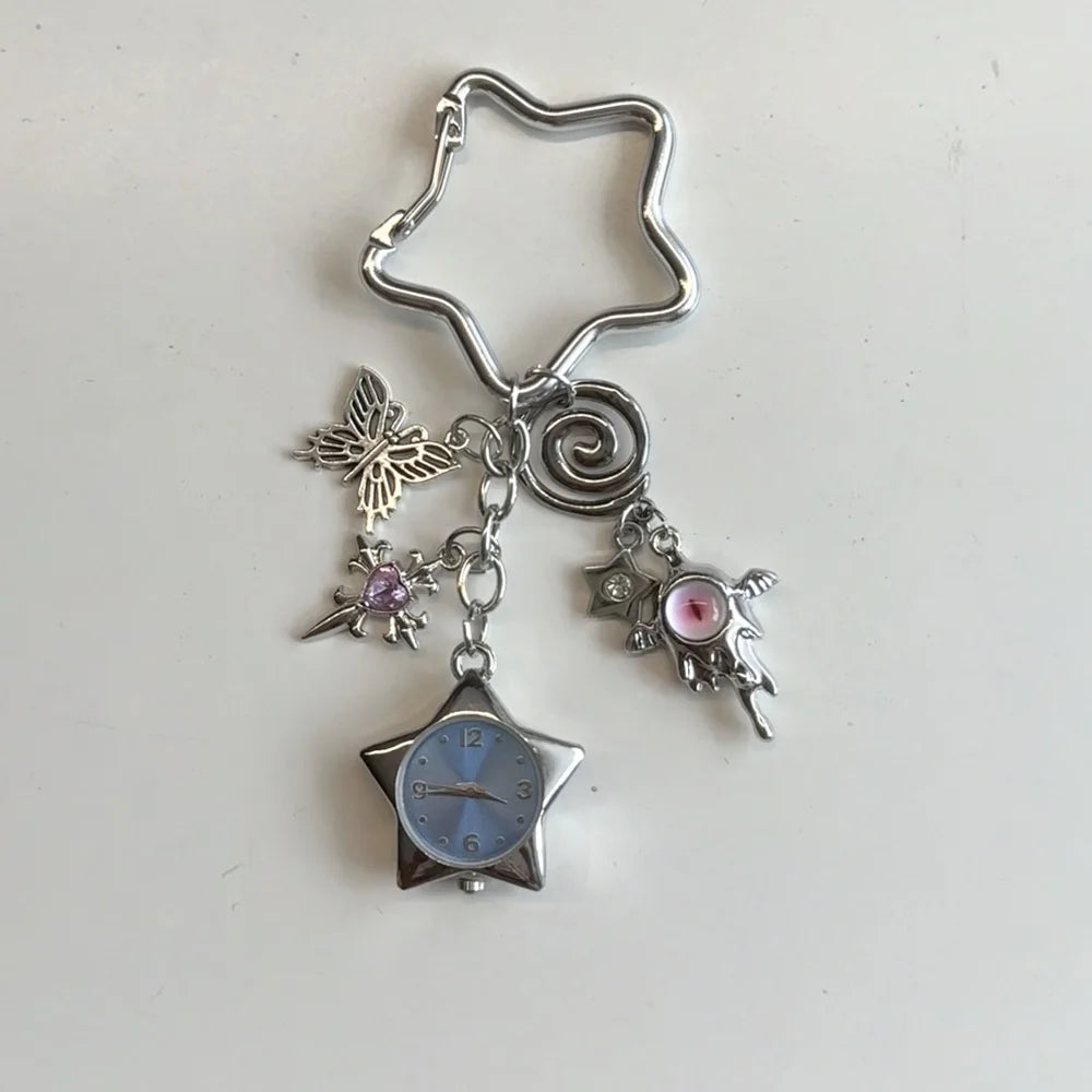 Heart Watch Bag Charm | Functional Clock Keychain | Purse & Backpack Charm with Heart, Key & Crystal Accents