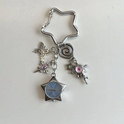 Heart Watch Bag Charm | Functional Clock Keychain | Purse & Backpack Charm with Heart, Key & Crystal Accents