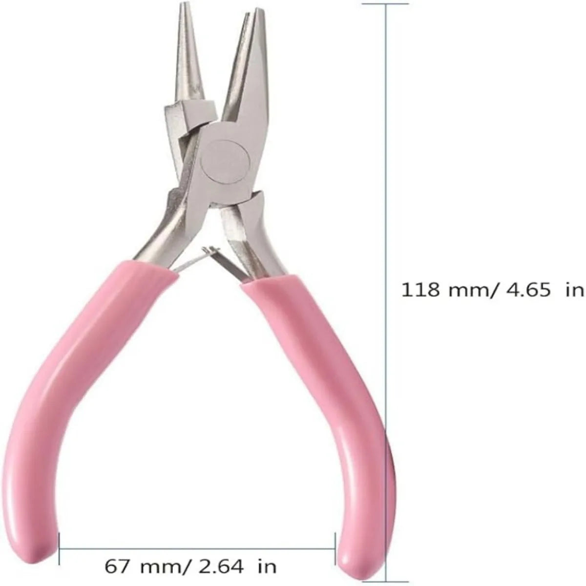 Pair of jewelry pliers with pink handles and measurements on a white background