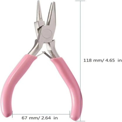 Pair of jewelry pliers with pink handles and measurements on a white background