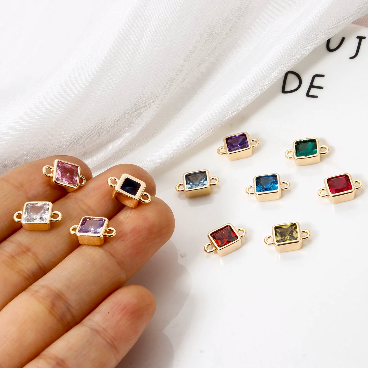18K Gold Birthstone Connectors | Brass Square Charm Links | 2-Piece DIY Necklace, Bracelet & Earring Jewelry Findings