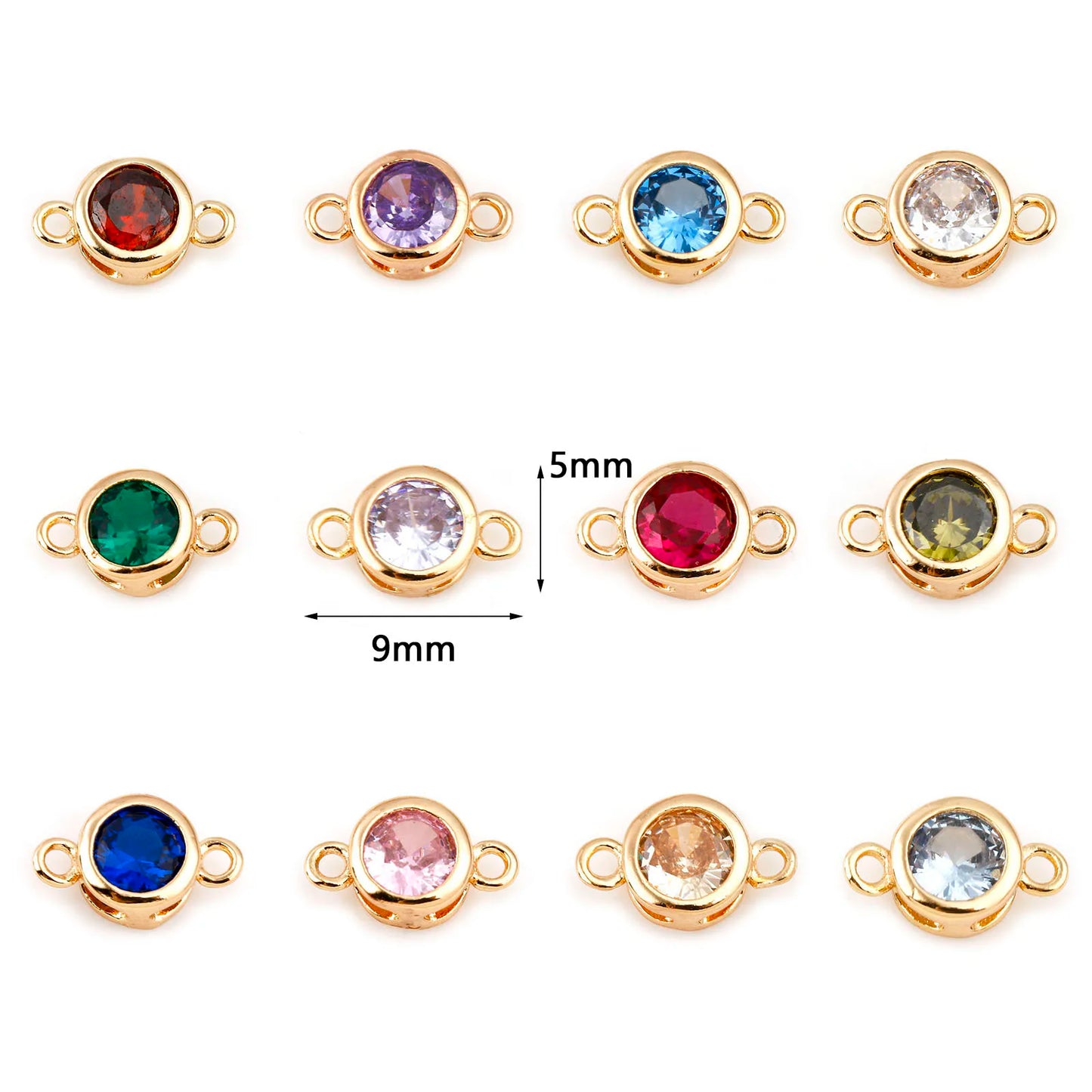 Twelve gold-tone round bezel settings with loop backs, each holding a different colored stone, arranged in a grid on a white background. Two center stones show dimension markings of 5mm and 9mm.