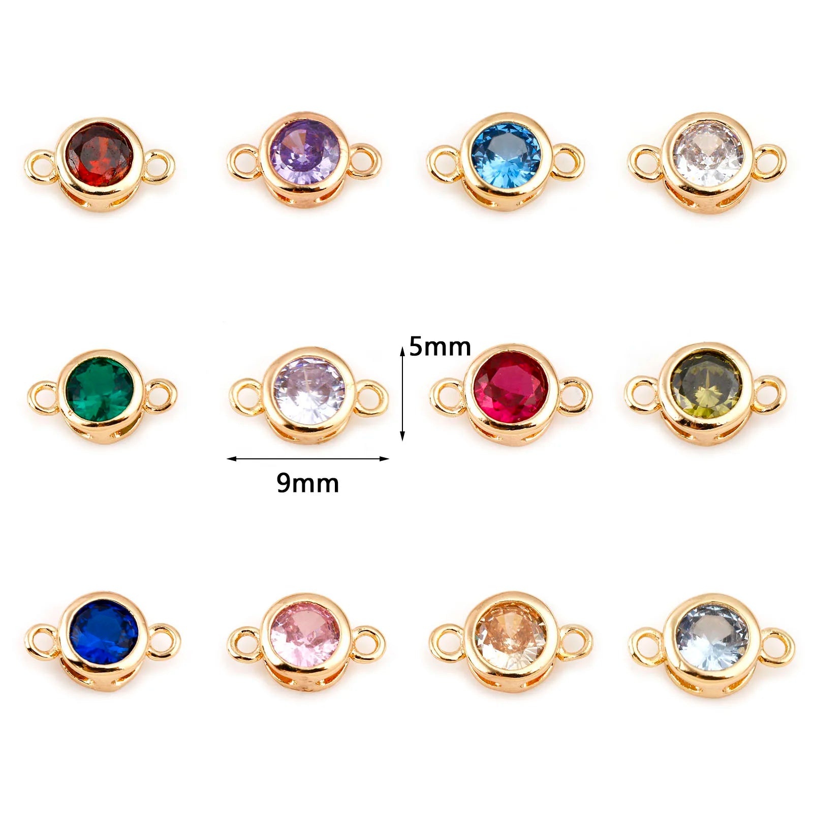 Twelve gold-tone round bezel settings with loop backs, each holding a different colored stone, arranged in a grid on a white background. Two center stones show dimension markings of 5mm and 9mm.