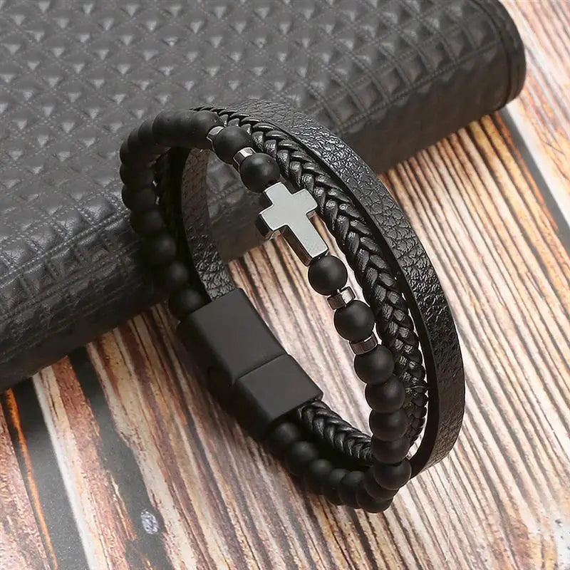 Men’s Multilayer Leather Bracelet | Handwoven Design with Magnetic Alloy Clasp
