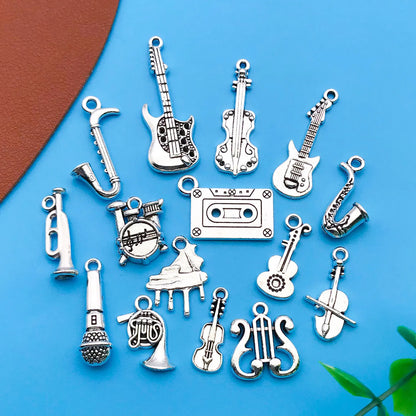 15-Piece Antique Silver Musical Instrument Charms | Guitar, Piano & Violin Pendants | DIY Jewelry Making Supplies