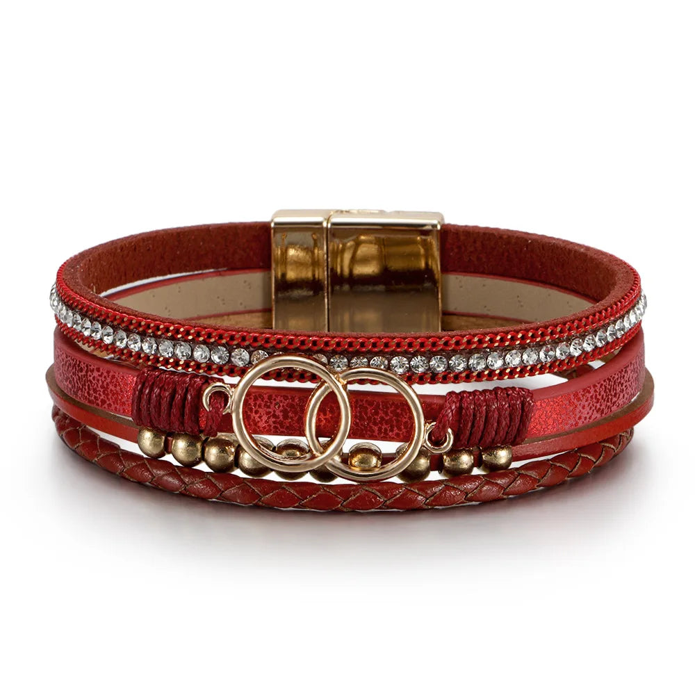 Women's Multilayer Leather Bracelet | Boho Woven Wrap Bracelet | Gold Tone Magnetic Clasp