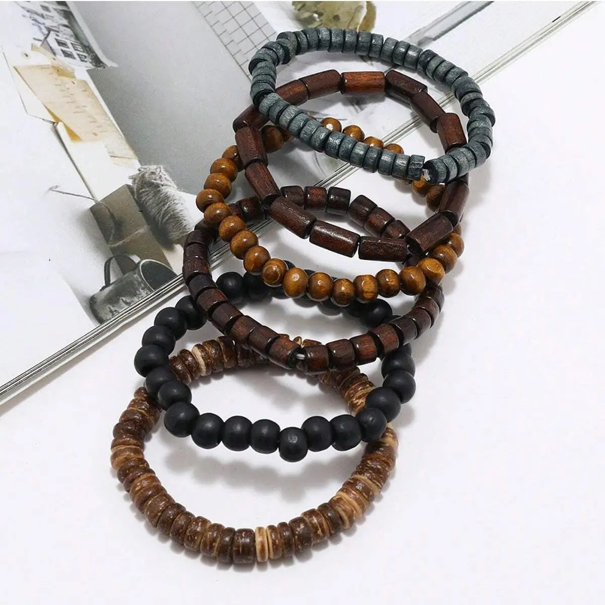 6-Piece Wood Bead Bracelet Set for Men & Women | Boho Stackable Bracelets | Vintage Casual Style
