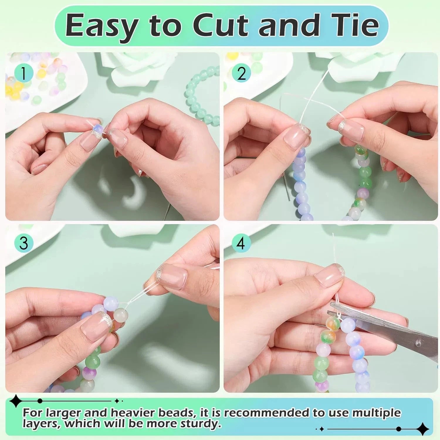 Step-by-step tutorial on cutting and tying beads with text indicating ease of use.