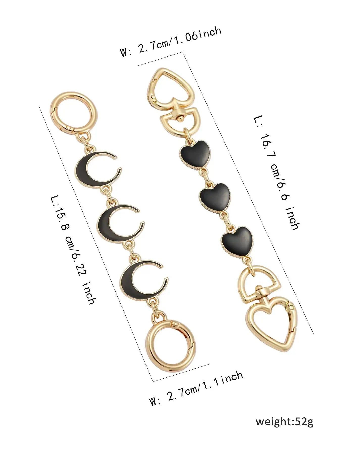 Gold and black heart, moon, and circle bag chain with measurements on a white background