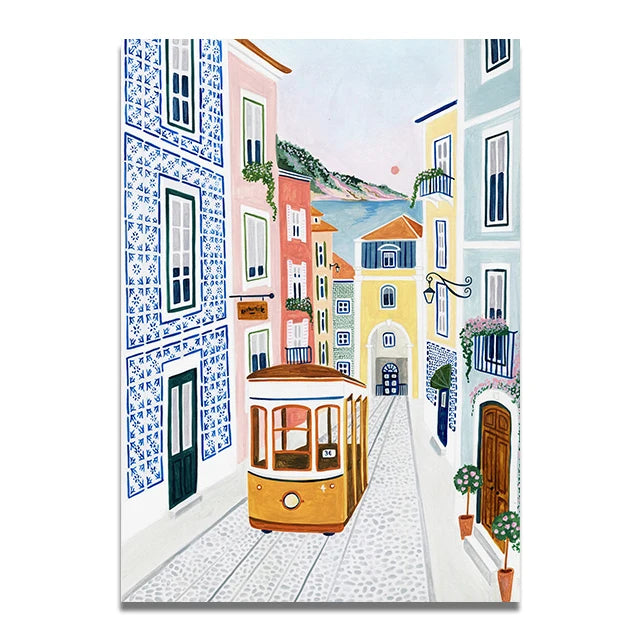 Santorini Lisbon Canvas Wall Art Print Poster Lake Como Central Park Decorative Painting Travel Mural Home Decor Gift Unframed
