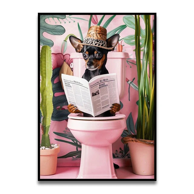 Bathroom Cat Reading on Toilet Canvas Wall Art Print Poster Funny Animal Decor Painting Home Room Decor Gift Unframed