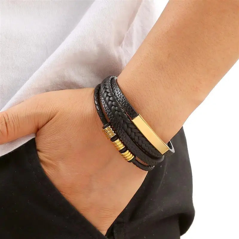 Men’s Multilayer Leather Bracelet | Handwoven Design with Magnetic Alloy Clasp