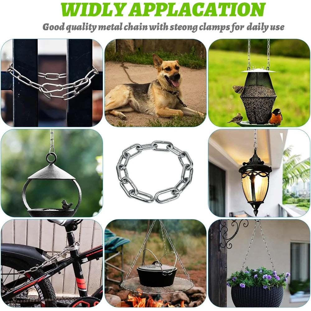 A collage showing a metal hanging chain and clamps in multiple real-world use cases: securing a gate, a dog nearby, a bird feeder, a hanging lantern, a bicycle, a camp pot over a fire, and a flower pot. Large text at the top reads 'WIDLY APPLICATION' with smaller descriptive copy.