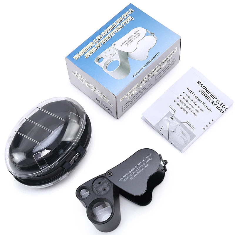 Magnifying glass with LED light, packaging, and user manual on a white background