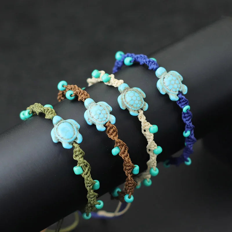 Turtle Charm Bracelet Base | Adjustable Woven Wax Rope Bracelet with 4mm Beads | DIY Beach Bracelet for Adding Charms