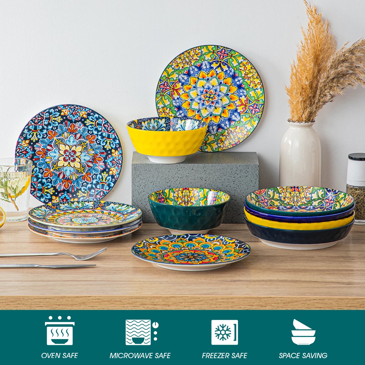 Boho Stoneware Dinnerware Set for 6 | Ceramic Plates & Bowls | 12, 16, 18 or 24 Pieces